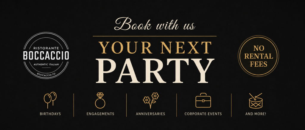 Boccaccio Ristorante party booking promotion with no rental fees and event options including birthdays, engagements, anniversaries, and corporate events.